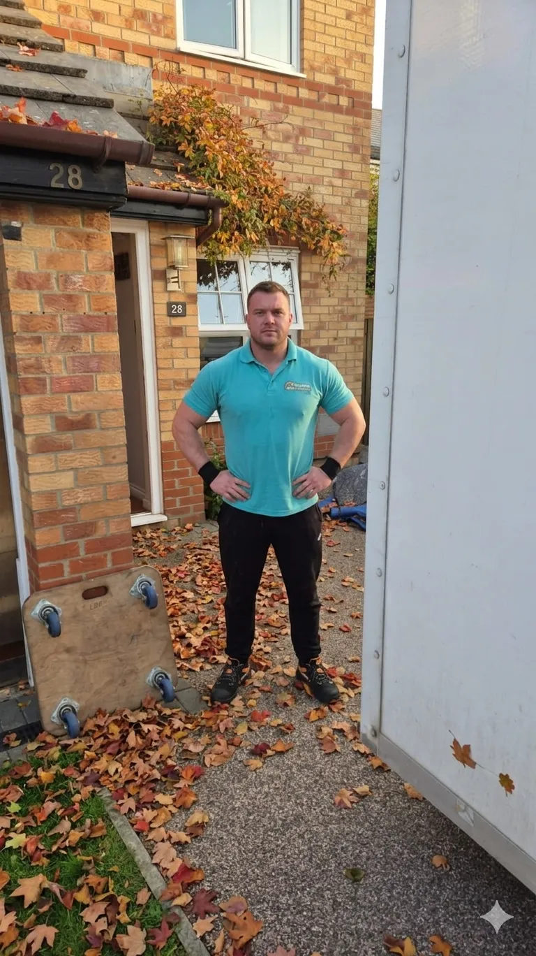 Removal van outside a UK home with autumn leaves on the front garden