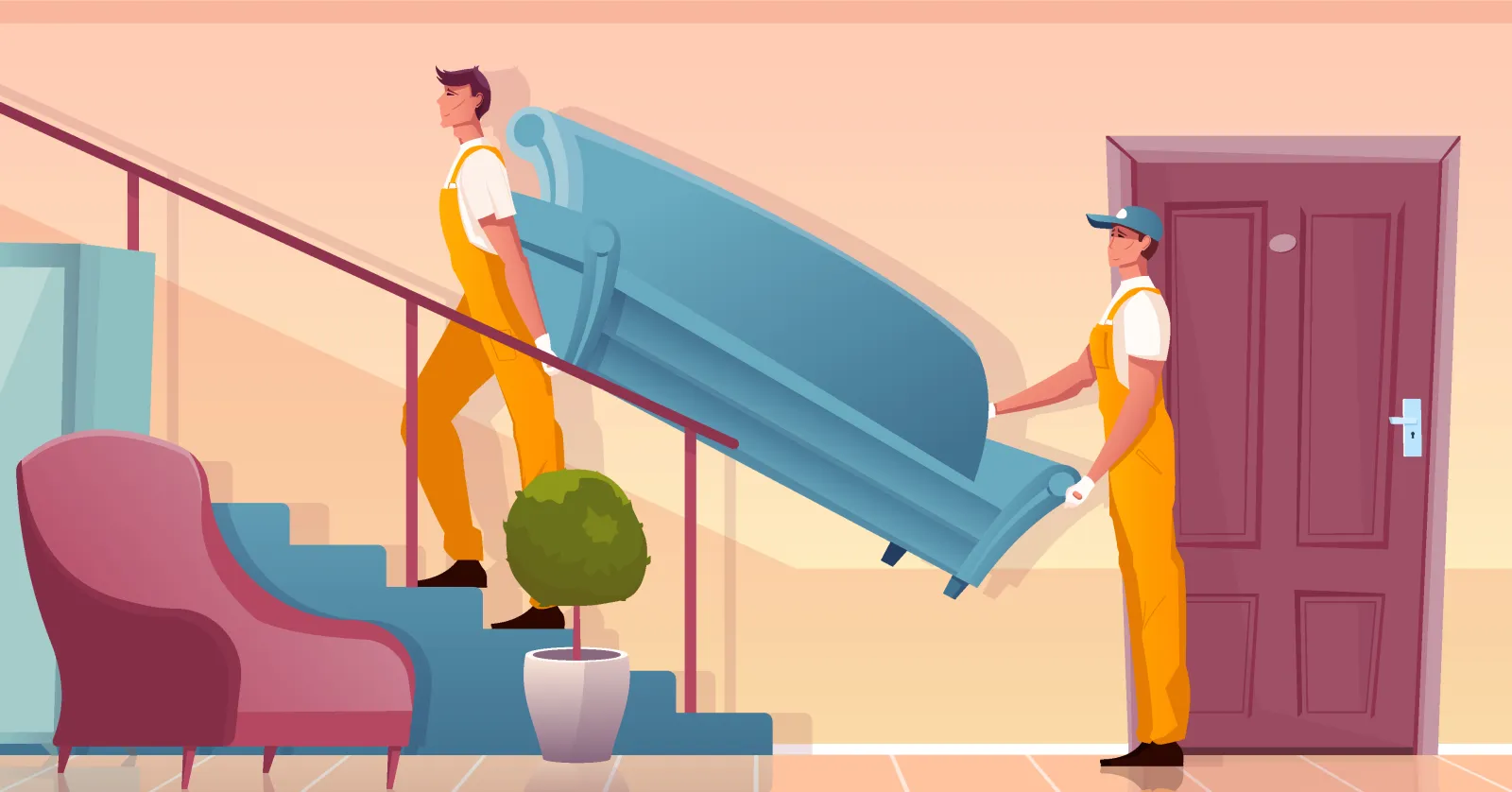 Removal mover carrying a wrapped armchair down a tenement staircase